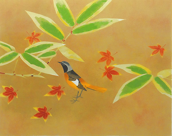 Daurian Redstart, lithograph by Atsushi UEMURA