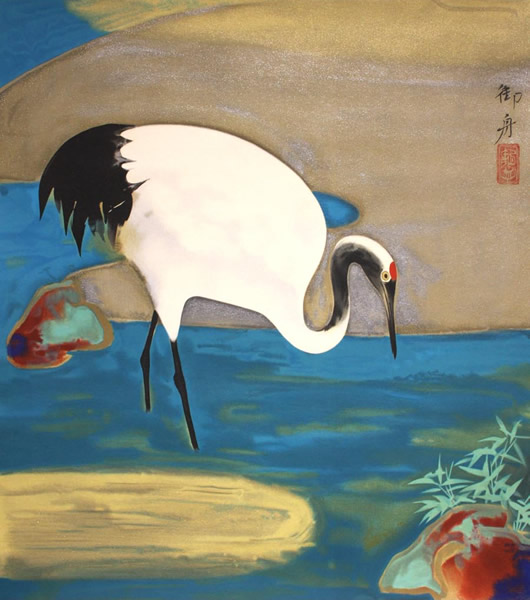 Pondside Crane, lithograph by Gyoshu HAYAMI