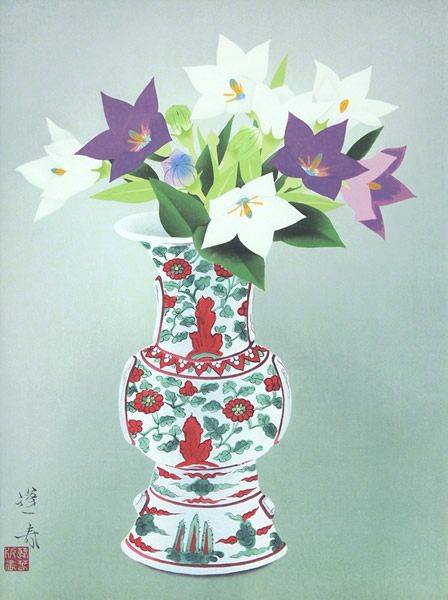 Flowers in a Vase, woodcut by Hoshun YAMAGUCHI