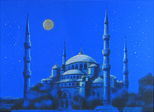 Silver Moon over the Blue Mosque, Istanbul, lithograph by Ikuo HIRAYAMA
