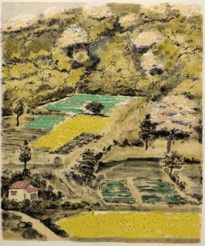 Rural Scene in Full Bloom, lithograph by Kyujin YAMAMOTO
