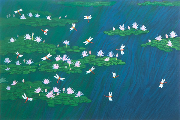 Monet's Pond and Red Dragonflies, lithograph by Reiji HIRAMATSU