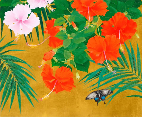 Hibiscus and Butterfly, silkscreen, gold leaf by Reiji HIRAMATSU