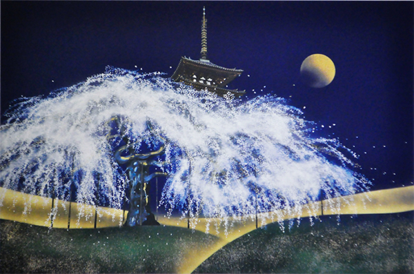 'Tower, Moon and Cherry Blossoms' lithograph by Taisuke HAMADA