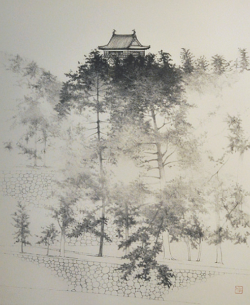 Matsue Castle in Summer, lithograph by Toshio TABUCHI