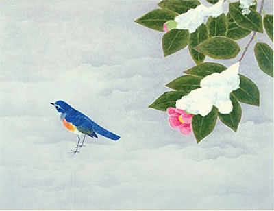 Small Bird in Snow, lithograph by Atsushi UEMURA