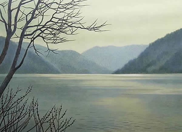 Early Morning Lake, lithograph by Chikuhaku SUZUKI