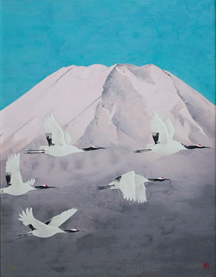 Mt. Fuji and Cranes, silkscreen by Chinami NAKAJIMA