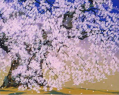 Weeping Cherry at Hannyain Temple, silkscreen by Chinami NAKAJIMA