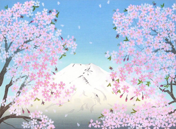 Fuji in Spring, woodcut by Chinami NAKAJIMA
