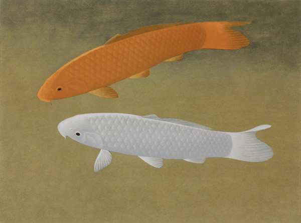 White and Orange Carps, lithograph by Chusaku OYAMA