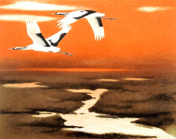 'Flying above the Marshland' lithograph by Eien IWAHASHI