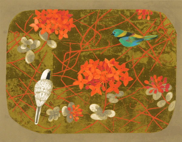 Birds and Red Flowers, silkscreen by Fumiko HORI