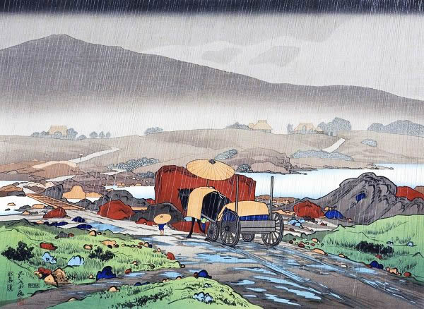 'Rain in Yabakei Gorge' woodcut by Goyo HASHIGUCHI