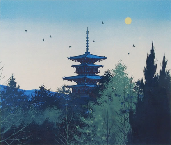 YAKUSHIJI-Sounds of before Dawn, lithograph by Hiroshi SENJU