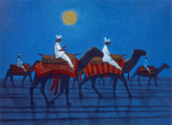 Camels Crossing the Moonlit Desert, lithograph, silkscreen by Ikuo HIRAYAMA