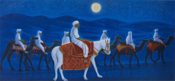 Camels Crossing the Afghan Desert, Moon, lithograph, silkscreen by Ikuo HIRAYAMA