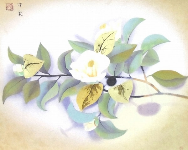 'Camellias' woodcut by Insho DOMOTO
