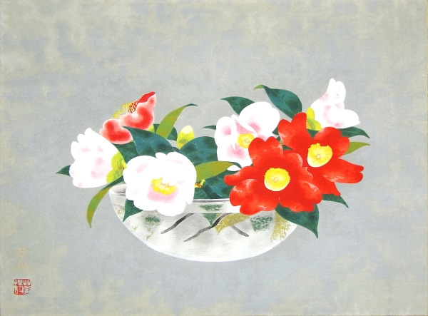 Arranged Camellias, woodcut by Kayo YAMAGUCHI