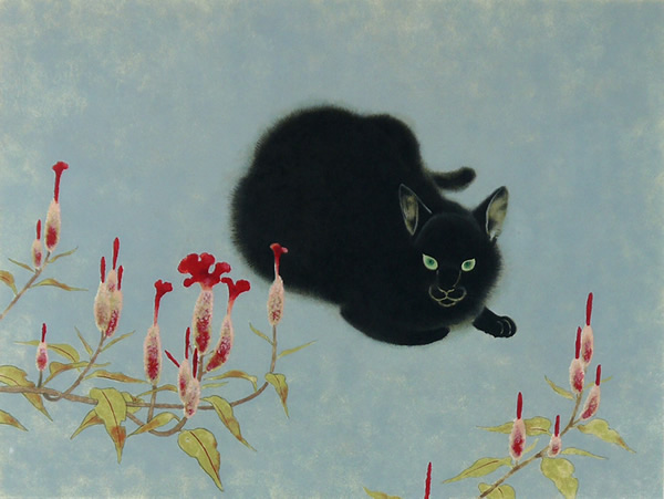 Flowers and Cat, lithograph by Kayo YAMAGUCHI