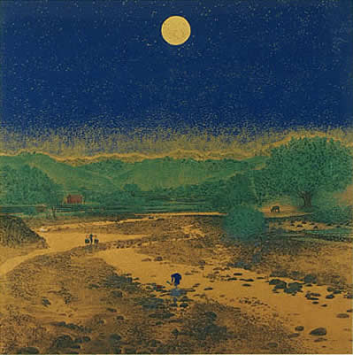 'Washing under the Moon' lithograph by Kazuhiko FUKUOJI