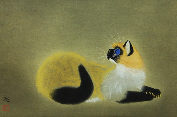 Young Cat, woodcut by Matazo KAYAMA