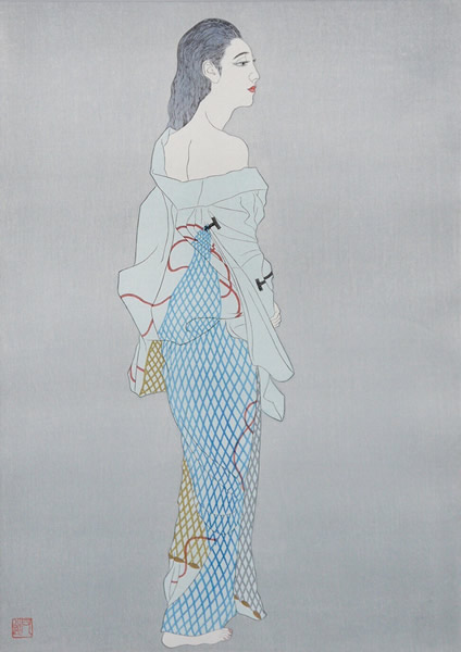 Hoshi-ami (Clothes with Mesh-patterned Print), woodcut by Matazo KAYAMA