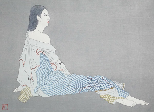 Ami (Clothes with Mesh-patterned Print), woodcut by Matazo KAYAMA