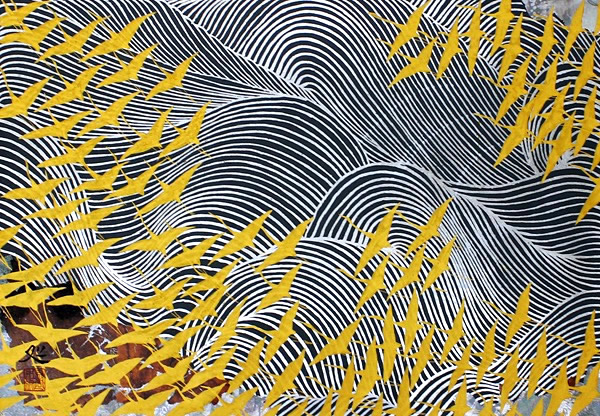 Wave and cranes-Felicitation, woodcut by Matazo KAYAMA