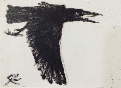 Crow in Ueno Park, etching by Matazo KAYAMA