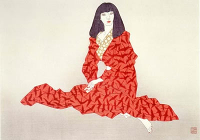 'Clothes with Red Crane-Patterned Print' woodcut by Matazo KAYAMA