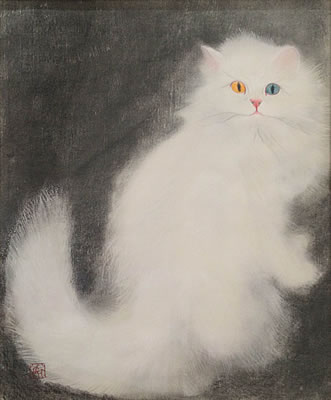 Persian Cat (eyes mismatched in color), collotype, hand-painting by Matazo KAYAMA