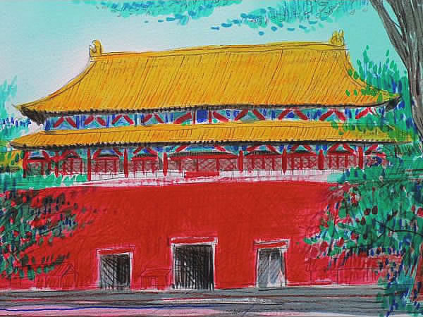 'The Meridian Gate viewed from the Duan Gate' lithograph by Reiji HIRAMATSU