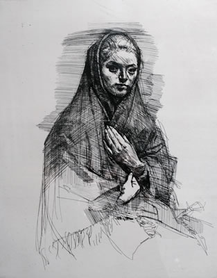 'Woman with Shawl' etching by Ryohei KOISO
