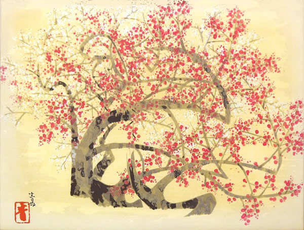 Red and White Plum Blossoms 1990, woodcut by Seison MAEDA