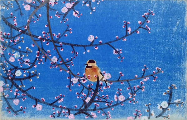 Red and White Plum Blossoms and a Varied Tit, silkscreen by Seison MAEDA