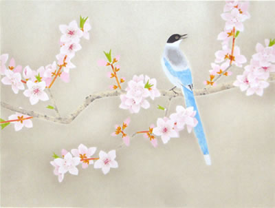 Japanese Blue Magpie, lithograph by Shoko UEMURA