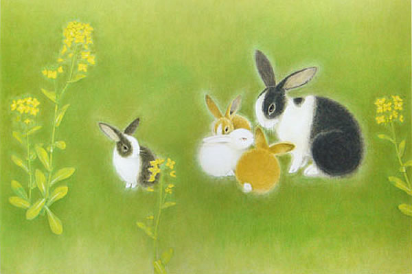 Rabbits (Mother and Children), lithograph by Shoko UEMURA