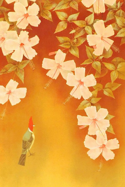 Hibiscus and Cardinal, lithograph by Shoko UEMURA