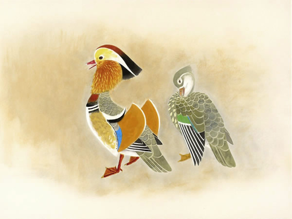 Mandarin Ducks, lithograph by Shoko UEMURA