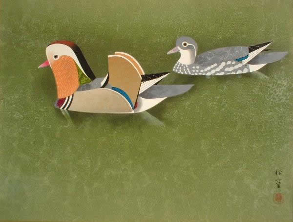Mandarin Ducks, woodcut by Shoko UEMURA