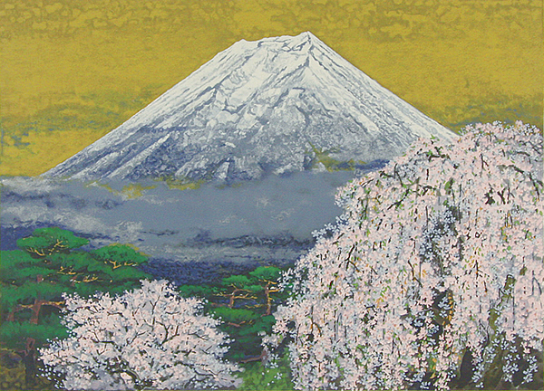 Cherry Blossoms and Fuji, lithograph by Sumio GOTO