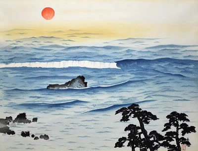 'Sun Rising above the Ocean' woodcut by Taikan YOKOYAMA