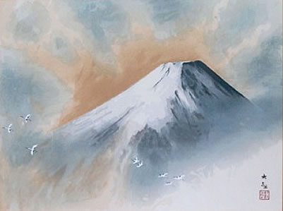 Sacred Fuji and Flying Cranes, woodcut by Taikan YOKOYAMA