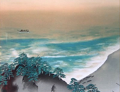 'Fishing Village at Daybreak' woodcut by Taikan YOKOYAMA