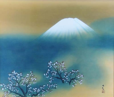 Cherry Blossoms and Fuji, woodcut by Taikan YOKOYAMA