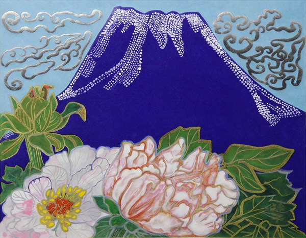 Peonies and Blue Mt. Fuji, lithograph by Tamako KATAOKA