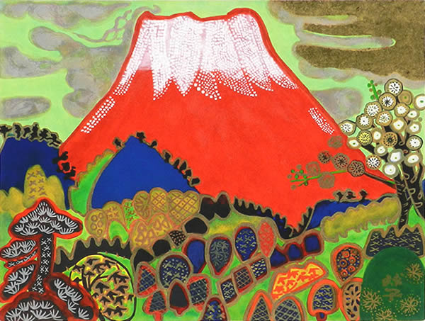 Red Mt. Fuji in Early Spring, lithograph by Tamako KATAOKA