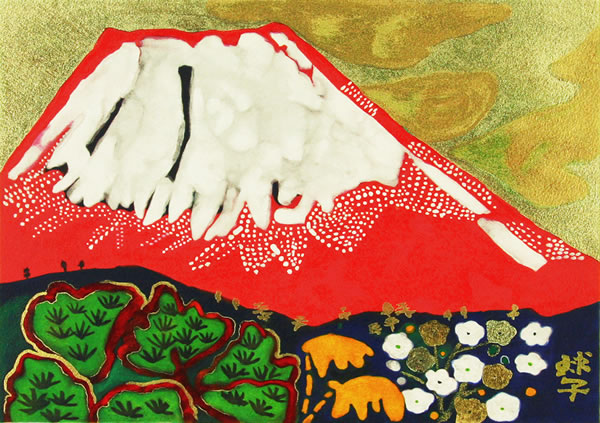 Red Fuji, lithograph by Tamako KATAOKA