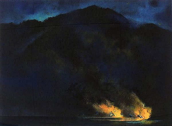 Fishing Fire, lithograph by Toichi KATO